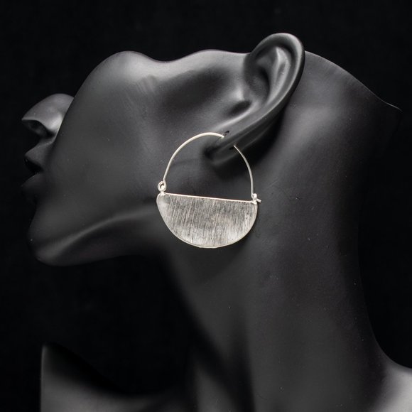 Half Moon Hammered Drop Hoop Earrings in Silver - Picture 5 of 6